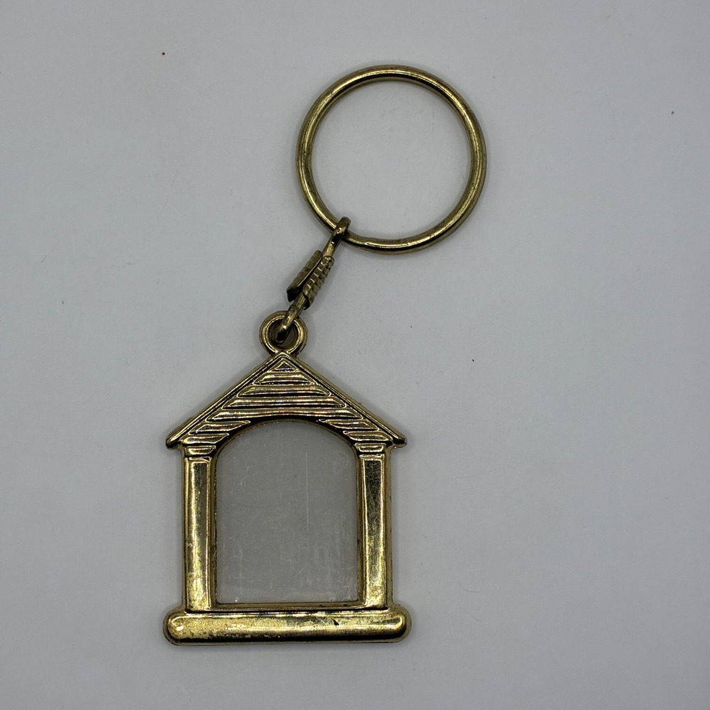 Vintage Gold Tone House Photo Frame Keychain Architectural Picture Fob